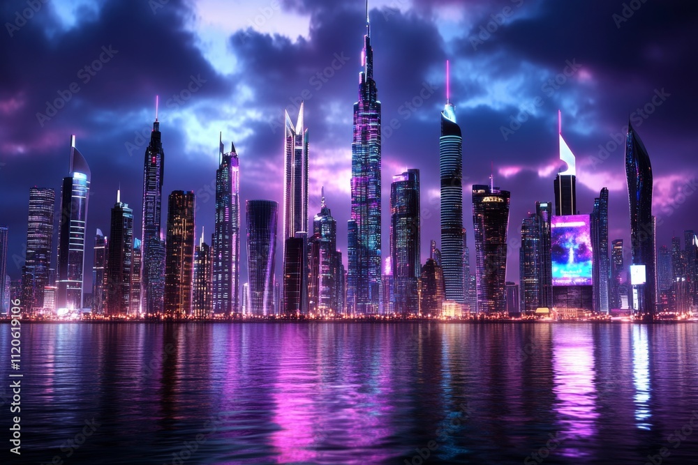Obraz premium A cyberpunk-themed Abu Dhabi skyline with neon-lit skyscrapers, futuristic flying vehicles, and holographic billboards lighting up the night sky