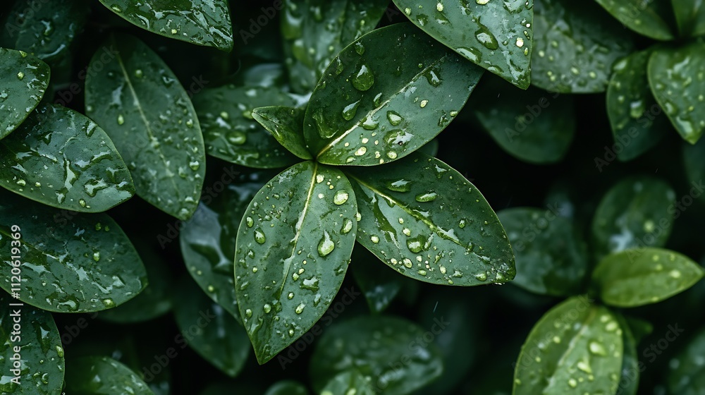 Fototapeta premium Closeup of Dew Covered Green Leaves after Rain in Lush Natural Environment : Generative AI