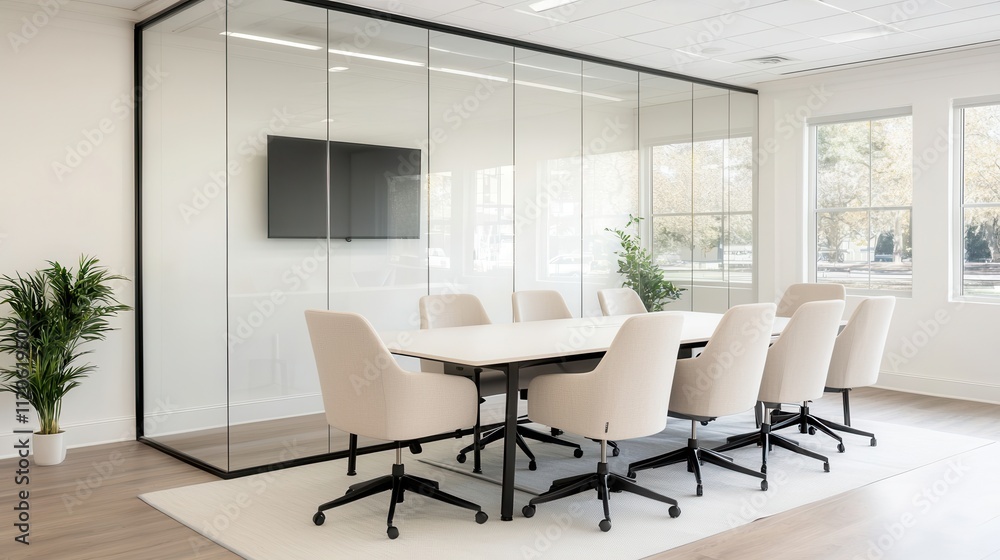 Fototapeta premium Modern Conference Room with Glass Walls and Comfortable Chairs