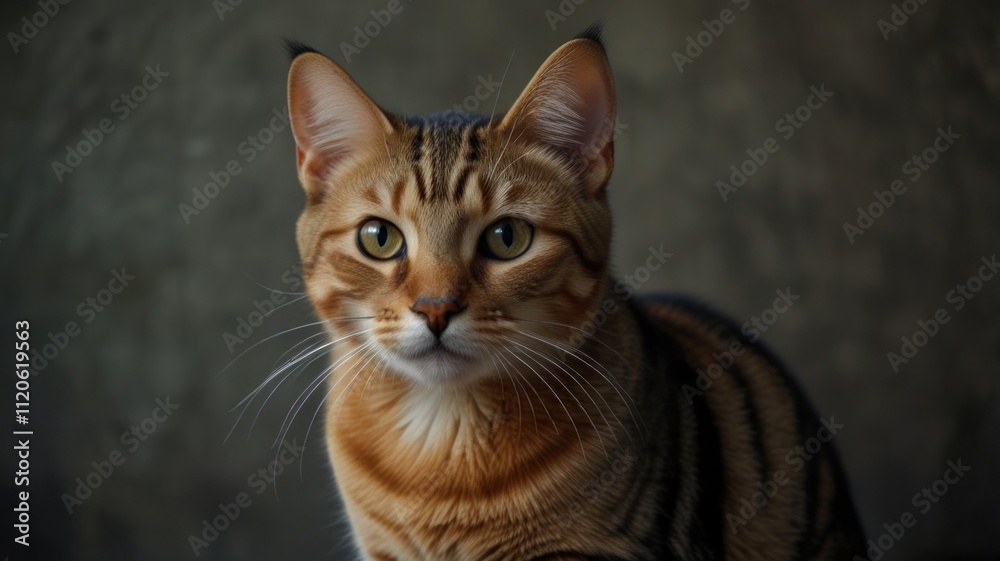 Close-up portrait of a brown tabby cat with striking green eyes against a dark gray background. Close-up portrait of a brown tabby cat with striking green eyes against a dark gray background.