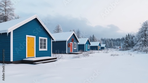 Colorful Winter Cabins in Snowy Landscape with Frosty Trees