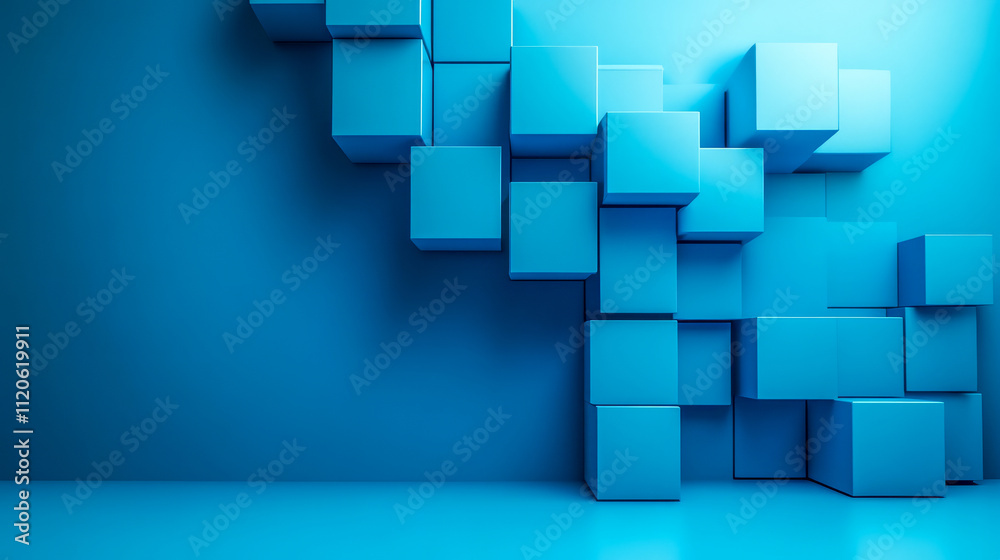 Modern minimalist interior with floating blue cubes in geometric arrangement Modern minimalist interior with floating blue cubes in geometric arrangement