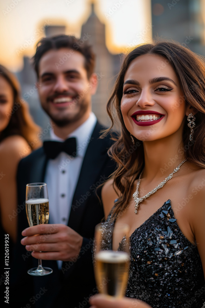 A group of ecstatic individuals celebrating at an exclusive VIP event, dressed in high-fashion attire with elegant jewelry and designer clothes. A group of ecstatic individuals celebrating at an exclusive VIP event, dressed in high-fashion attire with elegant jewelry and designer clothes.
