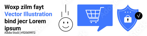 Shopping cart in blue chat bubble, shield with key lock, check mark, happy face. Ideal for online shopping, cybersecurity, customer satisfaction, e-commerce, data protection, secure transactions