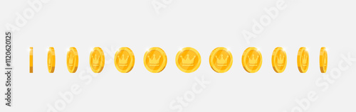 Gold coin animation with spinning royal crown design for apps. Metallic symbol rotates in various directions. Flat 3D element for gaming interfaces. Achievement icon in constant motion