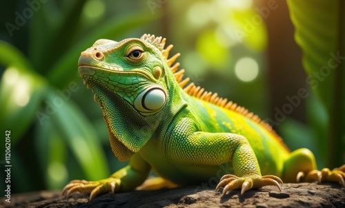 Colorful green lizard basking in sunlight photo