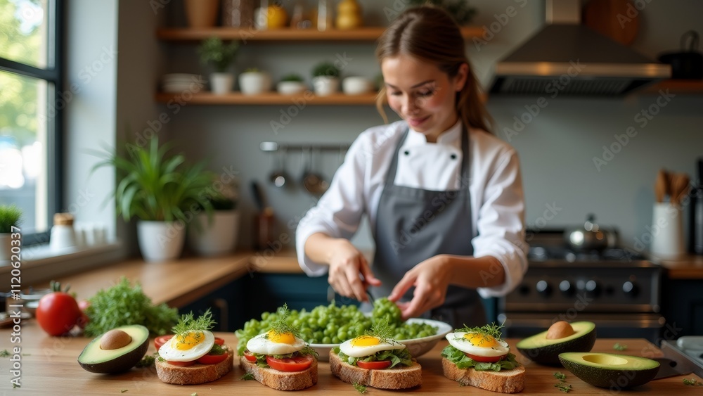 custom made wallpaper toronto digitalIn this image, we can see a young woman in a kitchen preparing a meal. She is wearing a white chef's apron and is standing in front of a kitchen countertop with a sink and a window in the background.