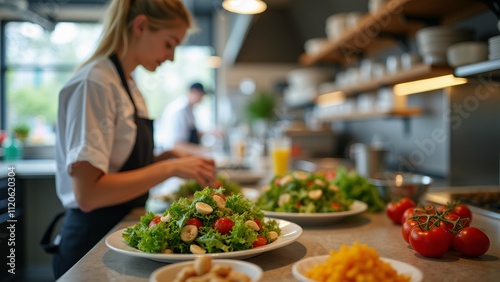 The image shows a young woman in a kitchen preparing a salad. She is wearing a white apron and is standing in front of a countertop with several plates of food on it.