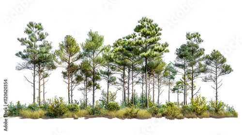 Imperata, Uglans Nigra, Magnolia Virginiana, and Loblolly Pine Trees: Transparent background 3D rendering for illustration, digital composition, and architecture visualization.