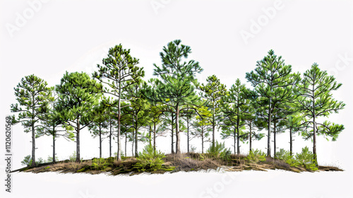 Imperata, Uglans Nigra, Magnolia Virginiana, and Loblolly Pine Trees: Transparent background 3D rendering for illustration, digital composition, and architecture visualization.