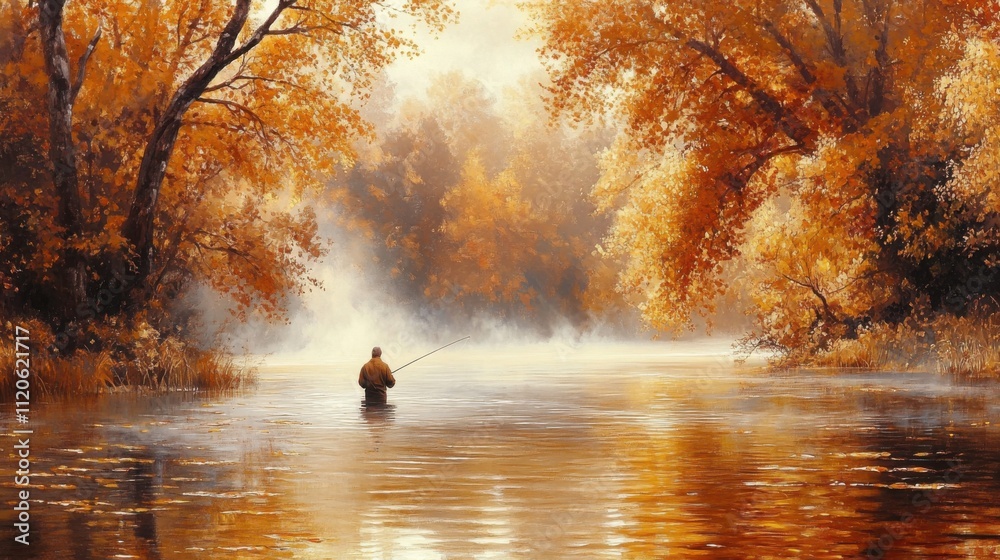 Serene angler in vibrant autumn landscape Serene angler in vibrant autumn landscape