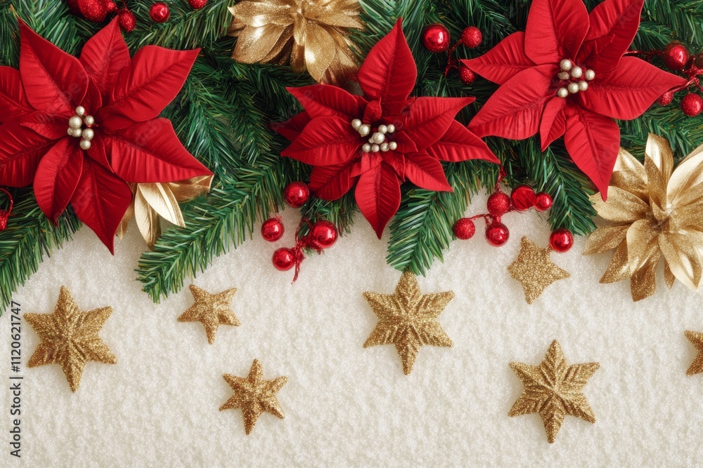 Red and gold Christmas decorations beautifully arranged on a soft white blanket, creating a festive and cozy holiday atmosphere. Red and gold Christmas decorations beautifully arranged on a soft white blanket, creating a festive and cozy holiday atmosphere.