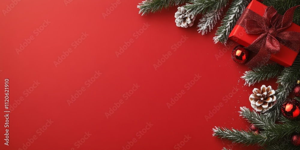 A vibrant red background features a beautifully adorned Christmas tree alongside a colorful gift, embodying the festive spirit of the holiday season.