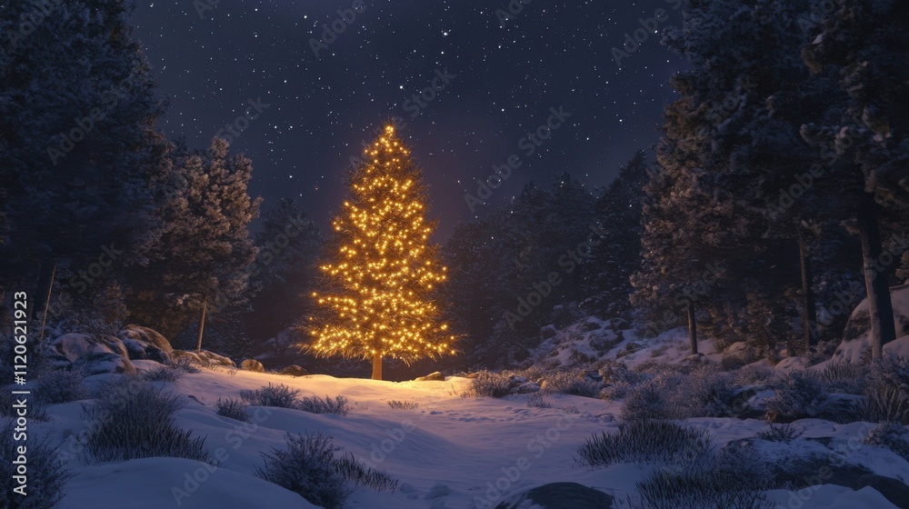 Serene christmas tree in snowy forest night Serene christmas tree in snowy forest night