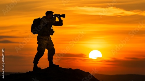 Silhouette of a soldier aiming with binoculars at sunset, standing on top of a hill generative ai