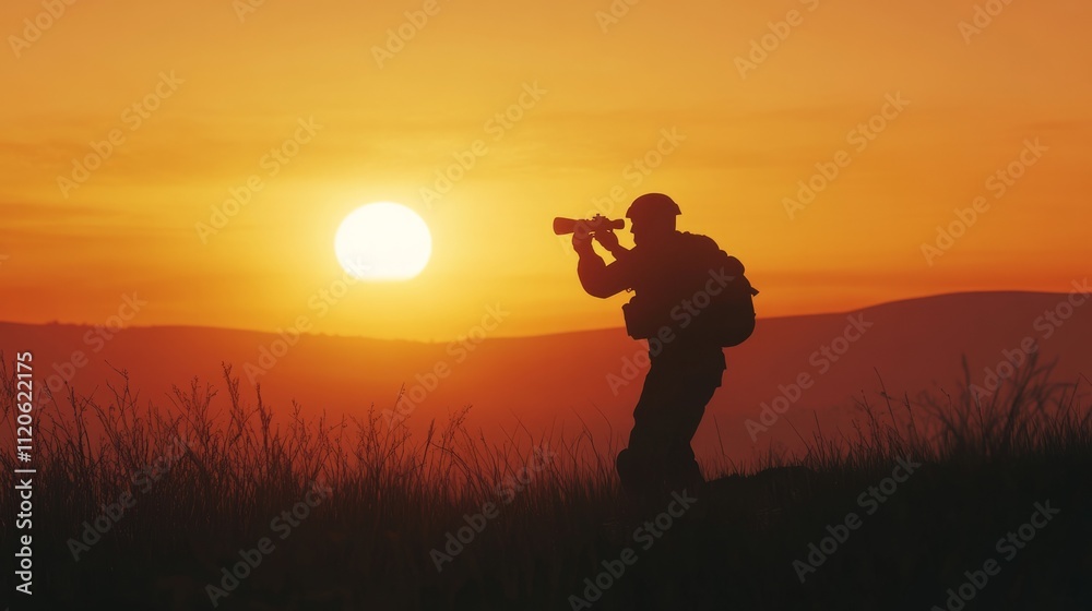 Silhouette of a soldier aiming with binoculars at sunset, standing on top of a hill generative ai Silhouette of a soldier aiming with binoculars at sunset, standing on top of a hill generative ai