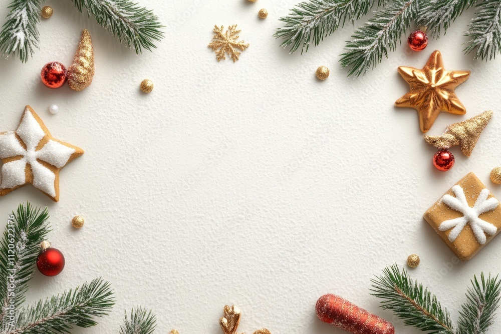 A festive display of Christmas decorations elegantly placed on a white surface, complemented by a clean white background, creating a cheerful holiday atmosphere. A festive display of Christmas decorations elegantly placed on a white surface, complemented by a clean white background, creating a cheerful holiday atmosphere.