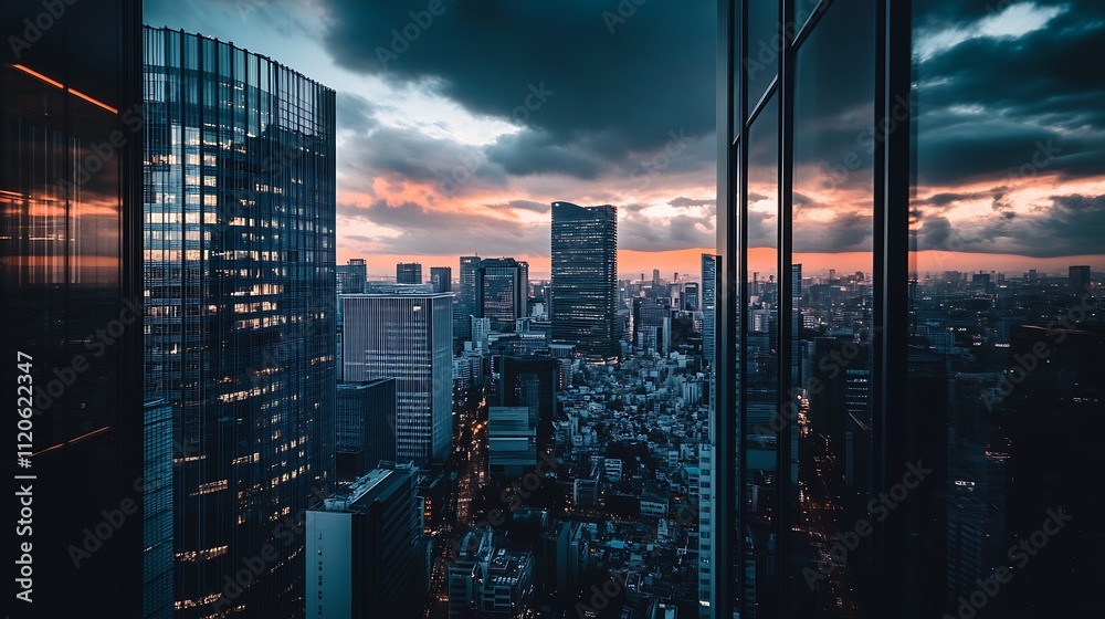 Obraz premium Cityscape View from Skyscraper Window at Twilight with Dramatic Cloudscape : Generative AI