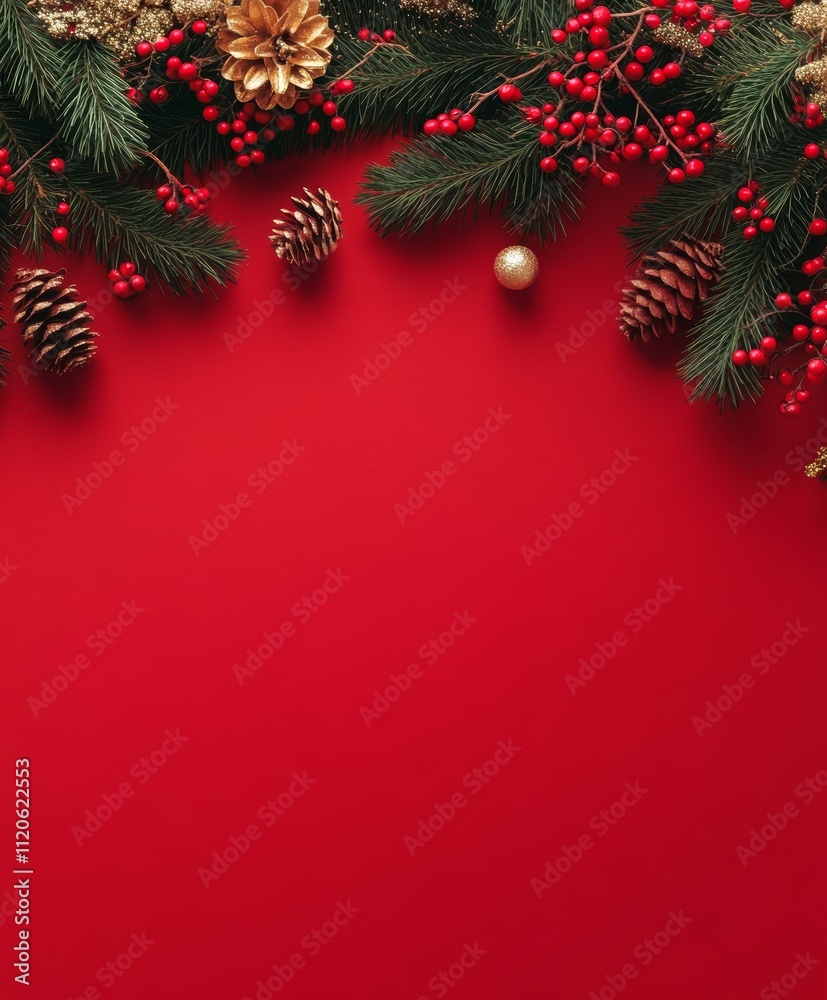 Festive Christmas background featuring pine cones, berries, and fir branches set against a vibrant red backdrop. Festive Christmas background featuring pine cones, berries, and fir branches set against a vibrant red backdrop.