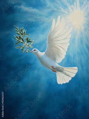 White dove of peace in 2D style, outstretched wings, soft blue background