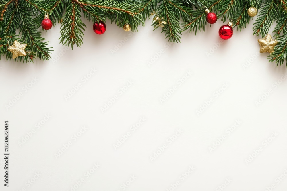 Festive Christmas tree branches adorned with vibrant red and gold ornaments, set against a clean white background, embodying holiday cheer and elegance. Festive Christmas tree branches adorned with vibrant red and gold ornaments, set against a clean white background, embodying holiday cheer and elegance.