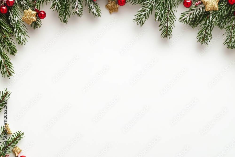 Festive Christmas decorations displayed on a clean white backdrop, offering a perfect area for personalized text or messages.