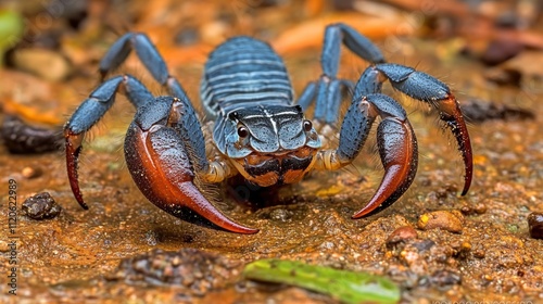 Aggressive blue scorpion showing claws on forest floor photo