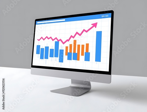 Computer screen displaying a financial graph with rising trends and colorful bars. 3D Rendering 