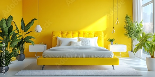 Modern Yellow Bedroom Design Featuring Plants and Minimalist Decor photo