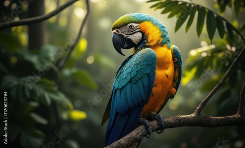 Colorful parrot perched in lush greenery