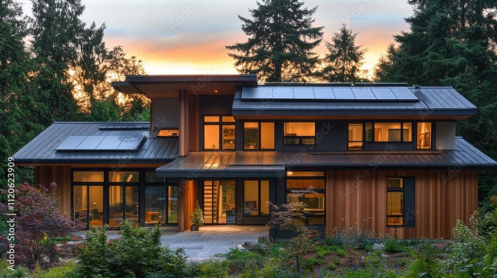 Sleek modern house with solar panels at sunset Sleek modern house with solar panels at sunset