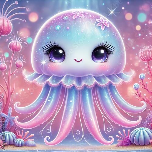 Adorable kawaii jellyfish in a fantasy underwater world