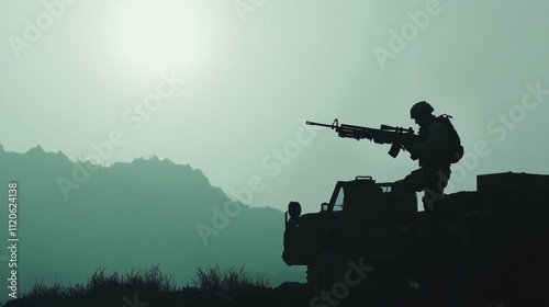 silhouette, soldier loading a heavy machine gun into a military vehicle generative ai