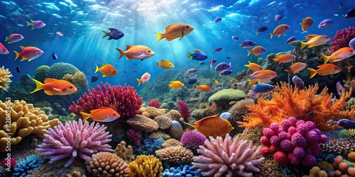 Colorful coral reef scene with schools of fish swimming in the foreground, coral reef, marine habitat