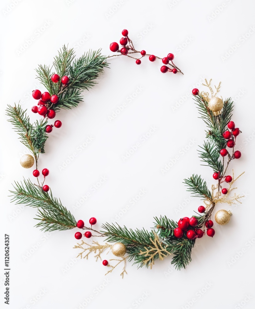 A festive wreath crafted from lush pine branches adorned with vibrant red berries, capturing the essence of Christmas cheer and natural beauty. A festive wreath crafted from lush pine branches adorned with vibrant red berries, capturing the essence of Christmas cheer and natural beauty.