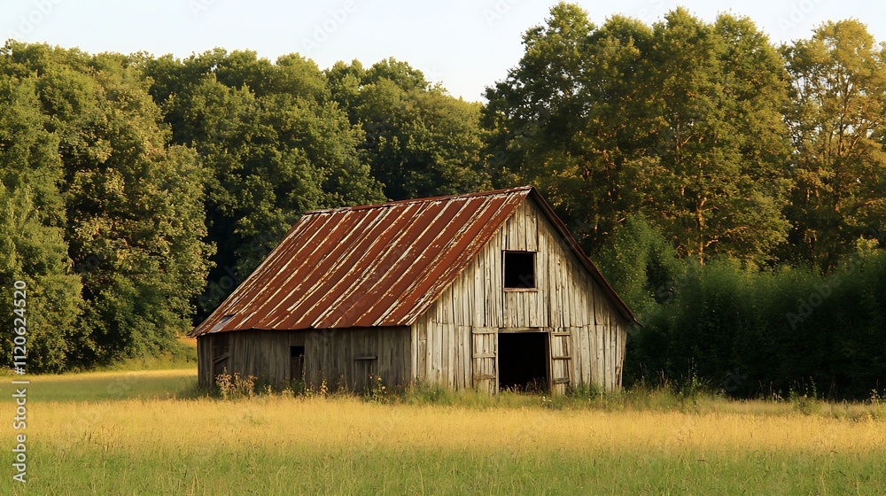 Rustic Wooden Barn in Lush Green Field Surrounded by Trees Under Blue Sky : Generative AI
