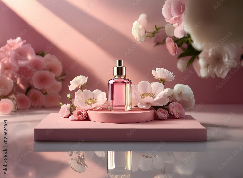 A pink perfume bottle sits on a minimalist pink platform, adorned with delicate pink and white flowers. Sunlight streams across the scene, creating a soft, elegant mood. A pink perfume bottle sits on a minimalist pink platform, adorned with delicate pink and white flowers. Sunlight streams across the scene, creating a soft, elegant mood.