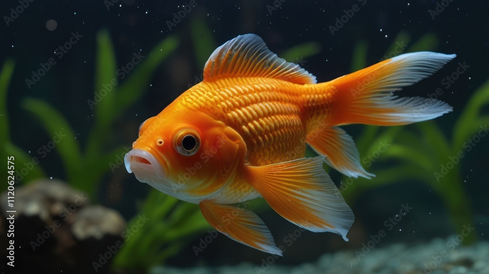 An orange goldfish swims in an aquarium. An orange goldfish swims in an aquarium.
