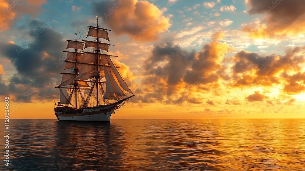 Fototapeta premium Majestic sailing ship at sunset on tranquil ocean waters with golden clouds : Generative AI