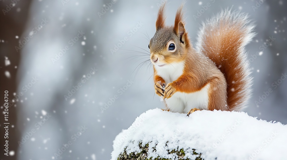 Charming Red Squirrel on Snowy Branch Adorned with Delicate Snowflakes : Generative AI Charming Red Squirrel on Snowy Branch Adorned with Delicate Snowflakes : Generative AI