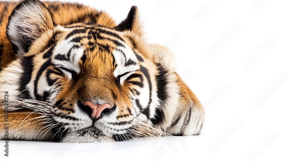 Fototapeta premium Peaceful Sleeping Tiger with Striking Stripes on a White Background : Generative AI