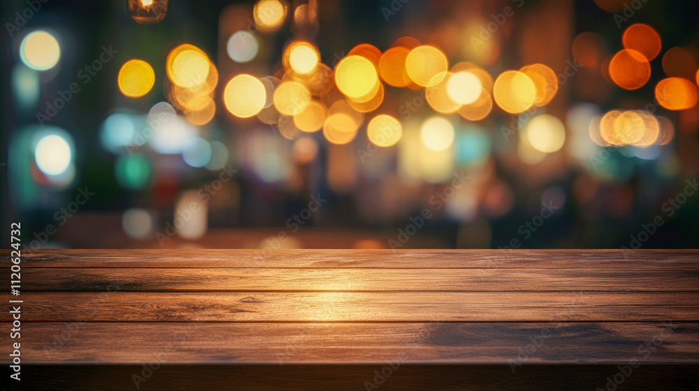 Warm festive lights blurred in background over wooden table surface Warm festive lights blurred in background over wooden table surface