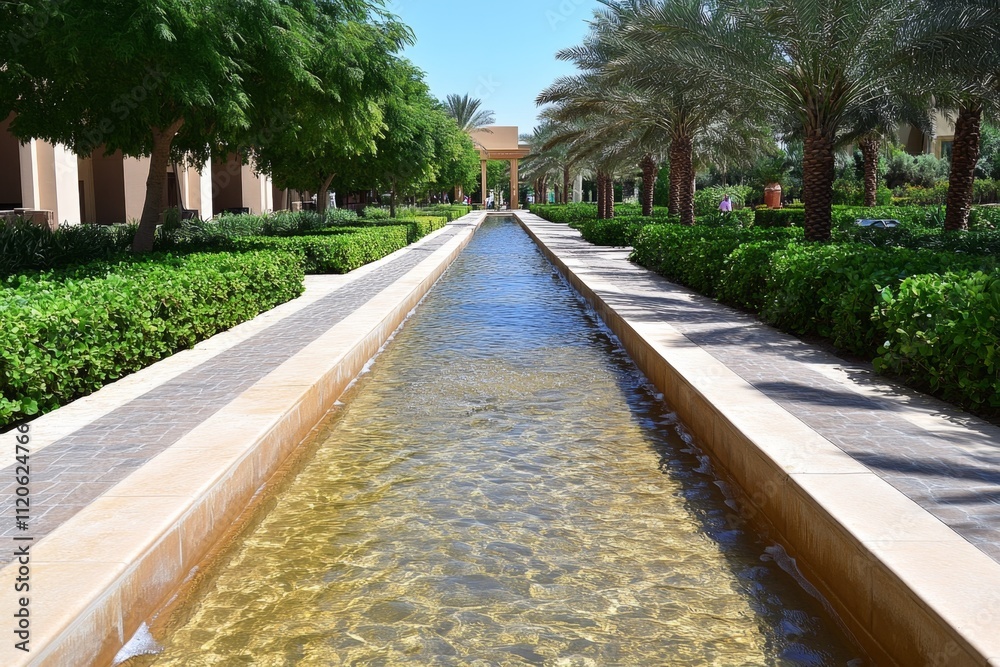 A photo of a traditional Arabian falaj (irrigation channel) running through a lush garden in Abu Dhabi, with greenery surrounding it