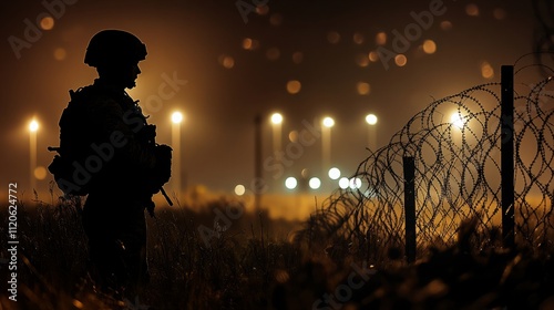 soldier guarding the perimeter of a base at night, barbed wire generative ai photo