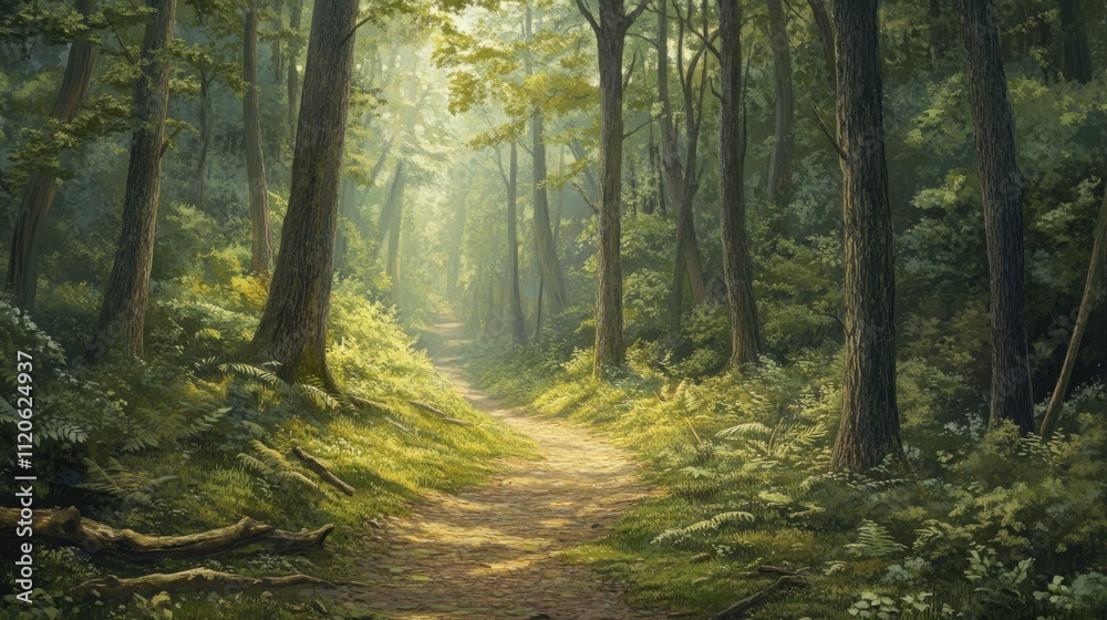 Tranquil forest trail through lush evergreens