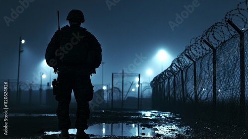 soldier guarding the perimeter of a base at night, barbed wire generative ai photo