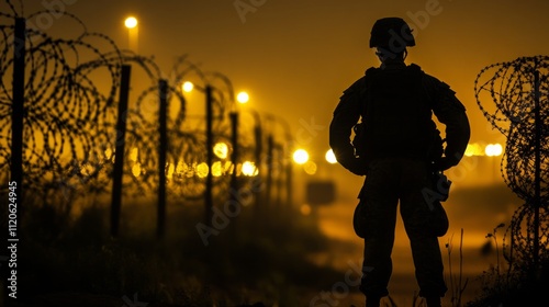 soldier guarding the perimeter of a base at night, barbed wire generative ai photo