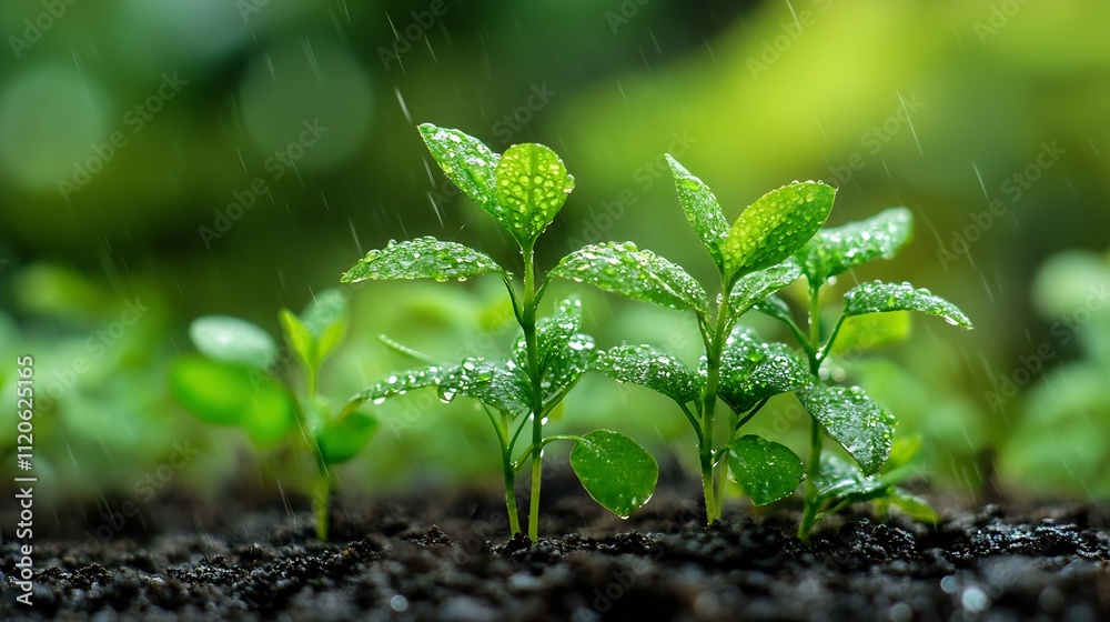 Young Green Plants in Rain Symbolizing Growth and Vitality in a Natural Setting : Generative AI Young Green Plants in Rain Symbolizing Growth and Vitality in a Natural Setting : Generative AI