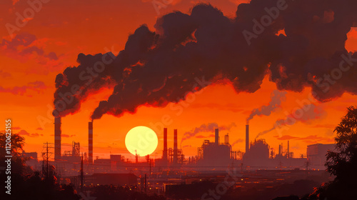 Dramatic industrial sunset scene with smoke and silhouettes of factories