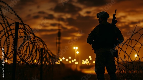 soldier guarding the perimeter of a base at night, barbed wire generative ai photo